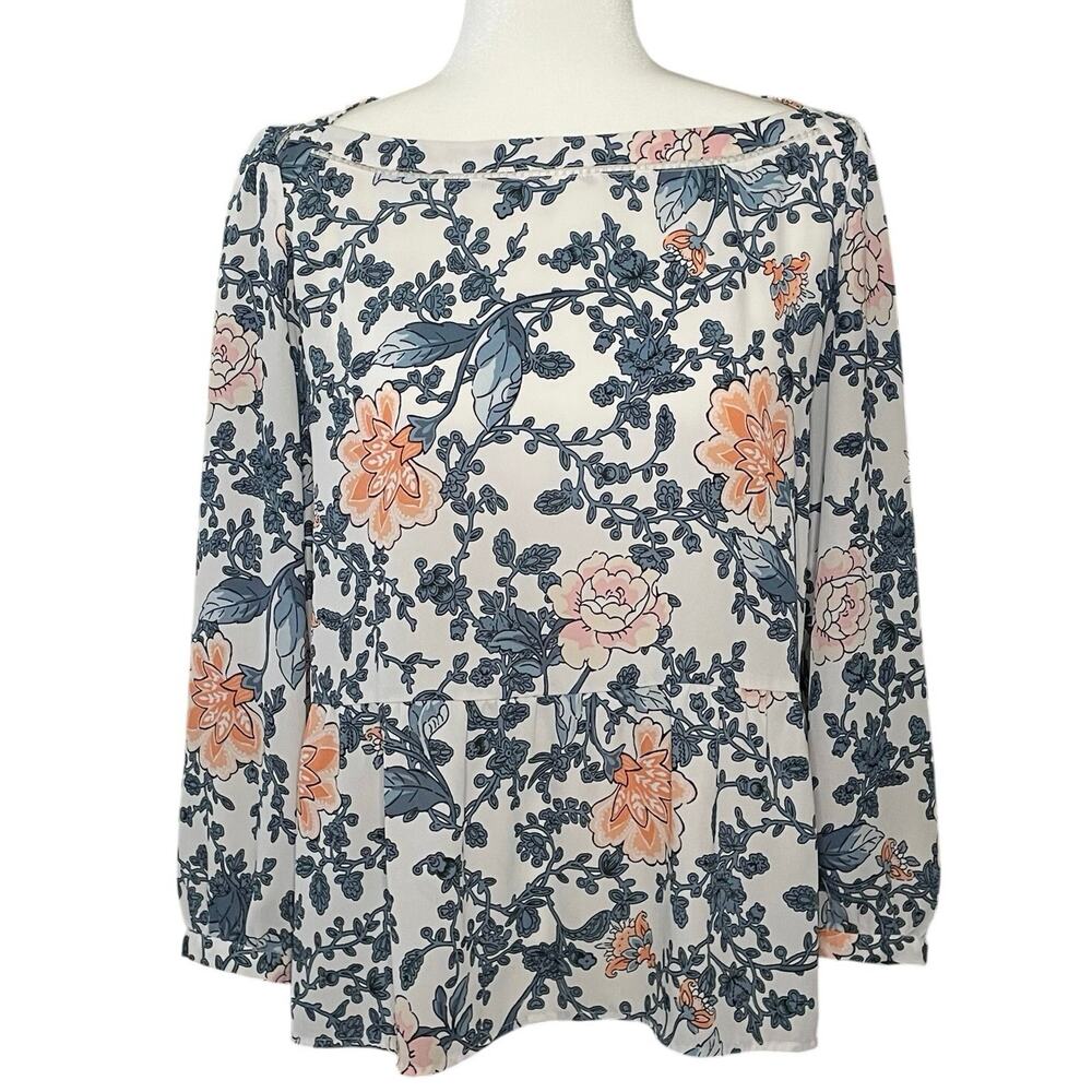 LOFT Floral Peplum Blouse Women’s M Cream Teal Coral